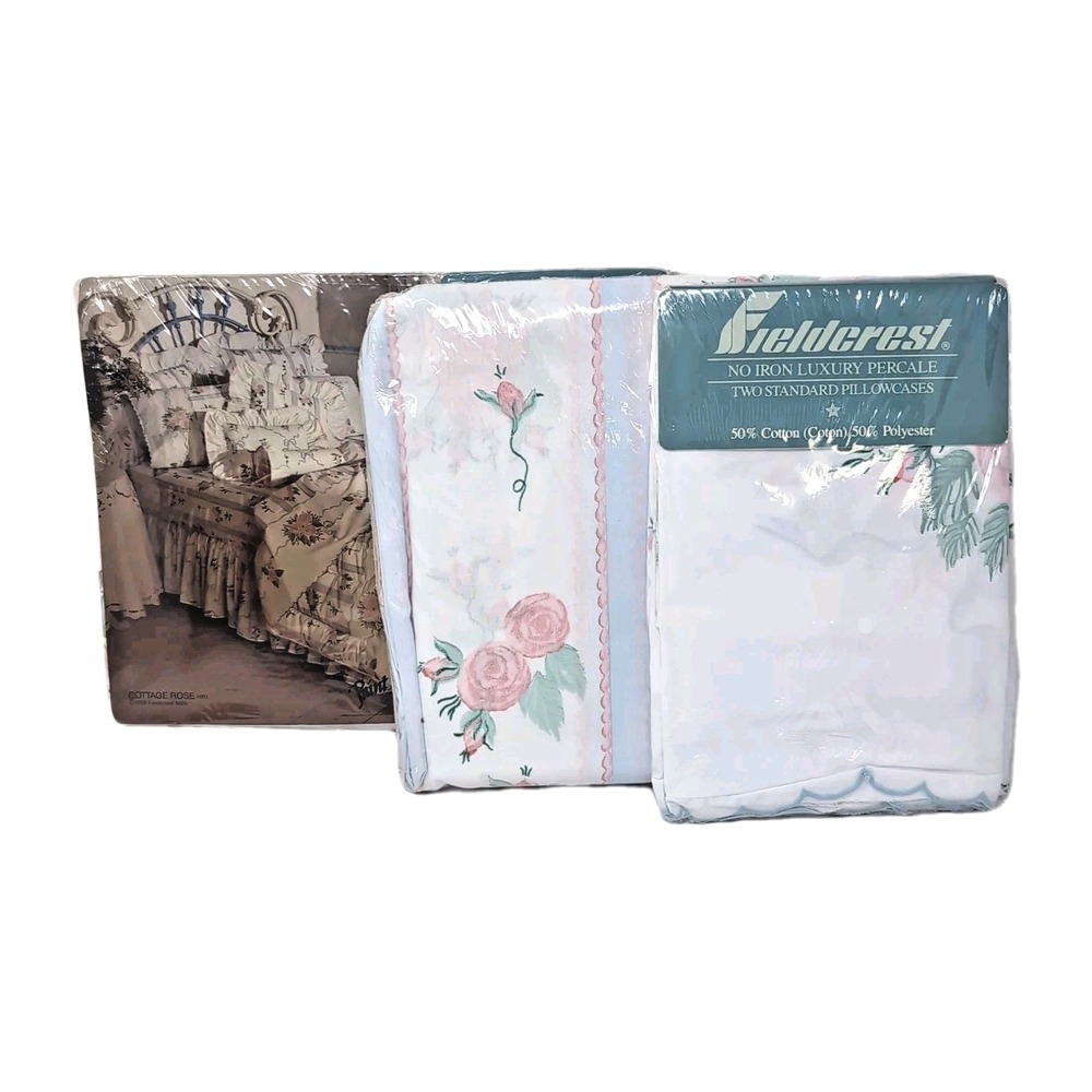 VTG Fieldcrest Cottage Rose Full Sheet Set Scalloped White Pink Blue 4pc NEW USA